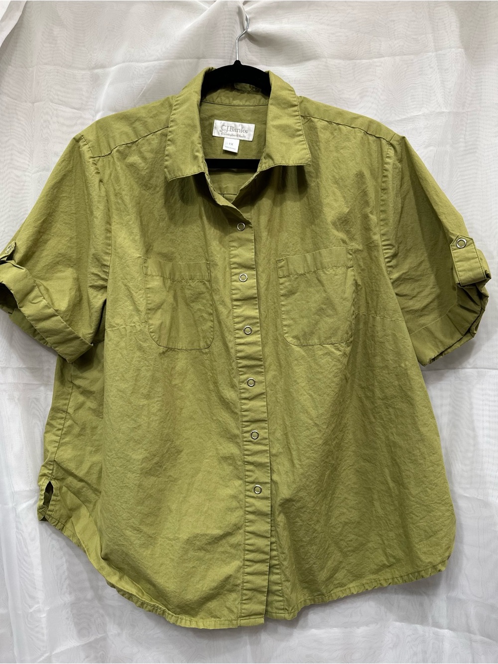 CJ Banks Olive Green Short-Sleeve Snap Closure Button-Down Shirt